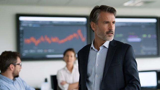 A man in a suit stands in an office with large screens displaying financial charts behind him  while two colleagues are seated nearby