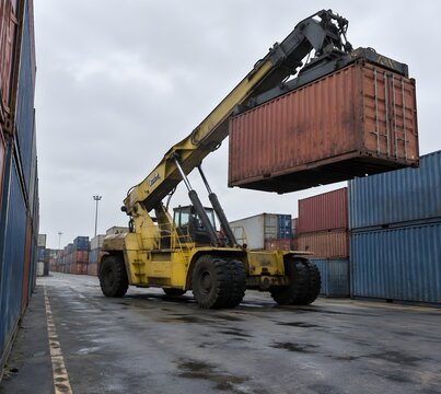 Reach stacker lifting shipping container in yard lane with extended boom
