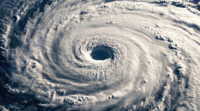 Top view satellite perspective of violent cyclone eye swirling over deep blue ocean AI-generated
