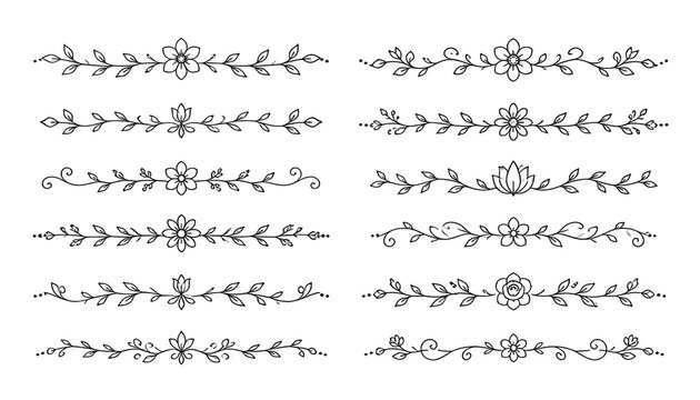 Floral ornament line border set. Hand drawn line doodle style floral divider elements. Flower, vine leaf ornament border frame text vintage flourish decoration.