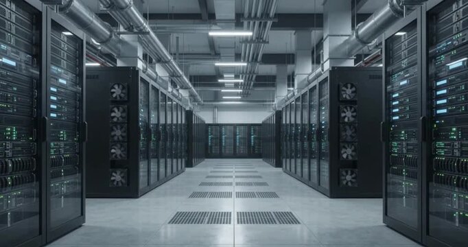 Large Data Center Server Room Corridor with Cooling Fans and Ventilation
