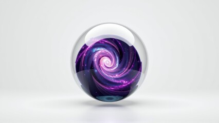 Fototapeta premium Glass sphere contains swirling purple galaxy. Bright cosmic nebula visible within reflective orb. Minimalist studio lighting creates dramatic effect.