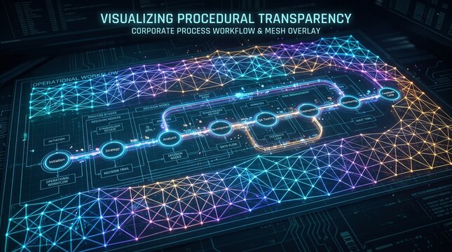 Digital mesh grid visualizing procedural transparency for corporate