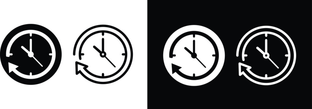 Clock history line and glyph style vector icons set indicating reverse time direction or backup recovery time.