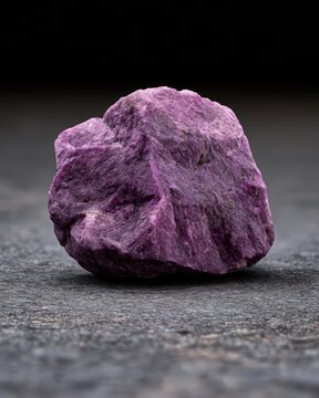Macro photo of raw lepidolite mineral chunk, angular purple violet specimen with sparkly micaceous texture and lilac patches on gritty gray stone surface, dark background