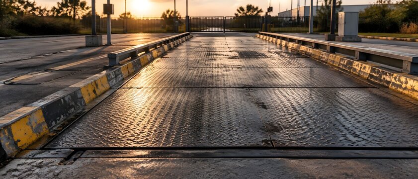 Vehicle weighbridge platform set in a terminal entrance pit with steel treads