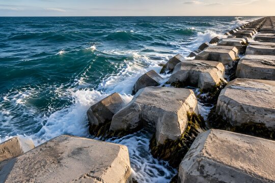 Interlocking concrete breakwater barrier protecting shoreline against rough ocean surf