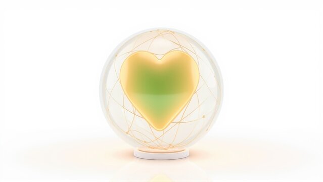 Glowing heart inside sphere. Delicate lines connect, symbolizing protection, warmth, love. Bright reflection creates soft ambiance.