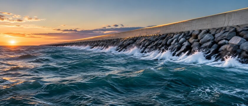 Concrete breakwater facing open sea with coastal protection armour stone slope stretching into the distance