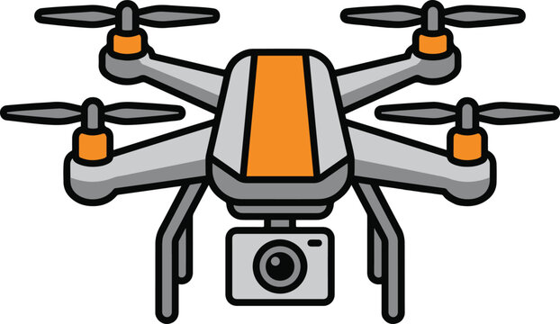 Gray and orange quadcopter drone with four propellers, landing legs and an attached camera, front view