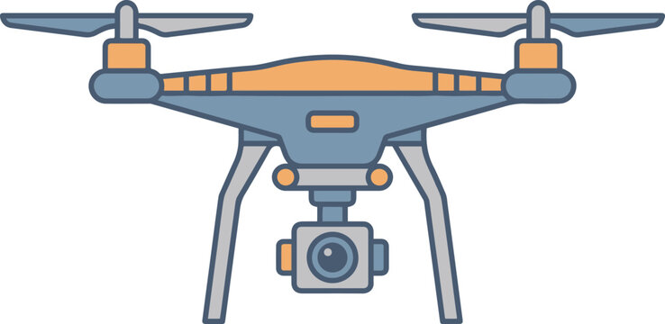 Blue and orange quadcopter drone with camera gimbal and propellers, flat vector illustration