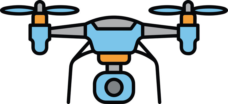 Blue and orange quadcopter drone with spinning propellers, landing legs and an attached camera, front view icon