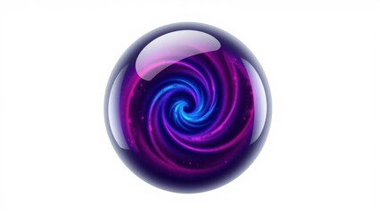 Fototapeta premium Glossy sphere displays swirling galaxy inside. Purple, blue hues create cosmic effect. Brightness contrasts against dark background.