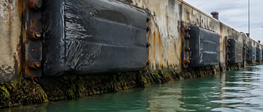 Heavy rubber fenders mounted on quay face above waterline with rust bolts
