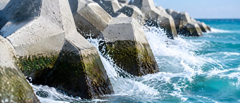Interlocking concrete armour blocks protecting coastal shoreline with surf crashing against breakwater sea defense