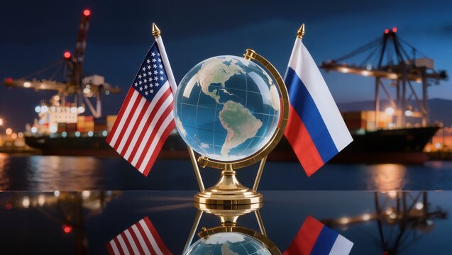 Glass globe between US and Russia flags at night harbor, sanctions and diplomacy