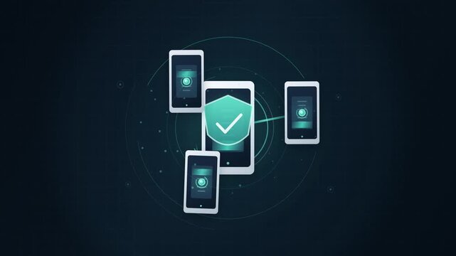 Mobile security system protecting multiple devices with shield icon