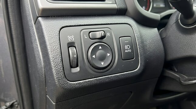 Closeup view of the side mirror adjustment controls and dashboard buttons located on the driver side interior panel of a modern vehicle