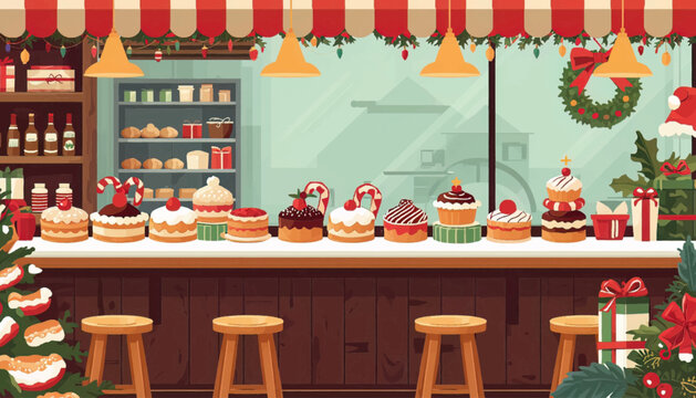 Christmas bakery counter illustration with colorful cakes, cupcakes, and festive decorations. Great for holiday advertising, bakery branding, food packaging, menu design, and seasonal content.