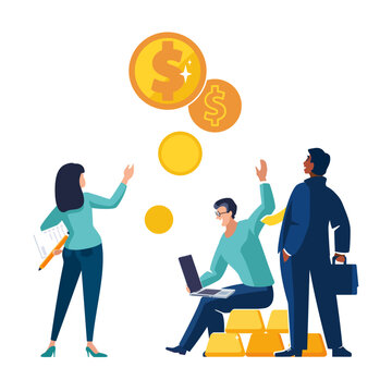 Business banner. Financial expert businessman and business lady analyze financial market growth in gold dollar cents. People sign new contract draft with auditor girl. Vector flat illustration
