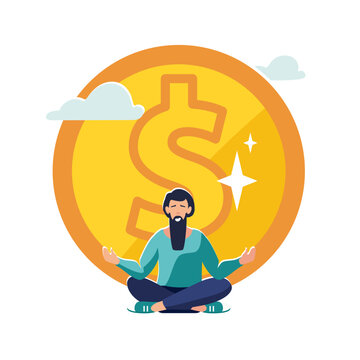 Business finance. Financial guru meditating, expert financial and investment consultant. Businessman thinking over a big gold dollar coin, sitting on it, people, bank Profit growth Vector illustration