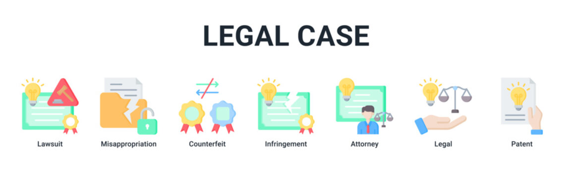 Legal Case web banner icon vector illustration including Lawsuit,Misappropriation,Counterfeit,Infringement,Attorney,Legal and Patent.