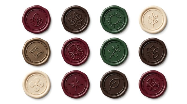 Collection of colorful wax seals with various patterns on a white background