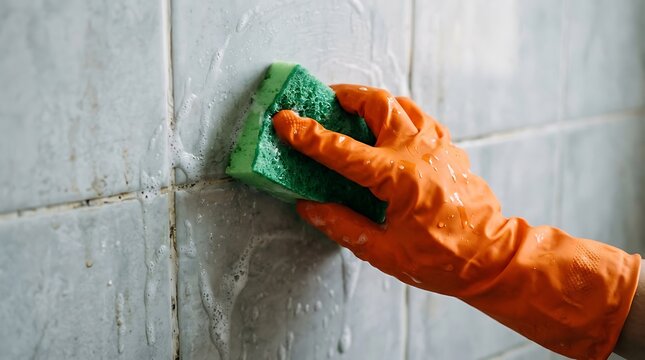 A person wearing orange rubber gloves cleaning dirty bathroom tiles with a green sponge and soapy water, focusing on removing grime and maintaining household hygiene