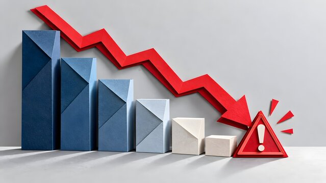 Papercraft bar chart with red downward arrow pointing to warning triangle indicating business failure and financial loss