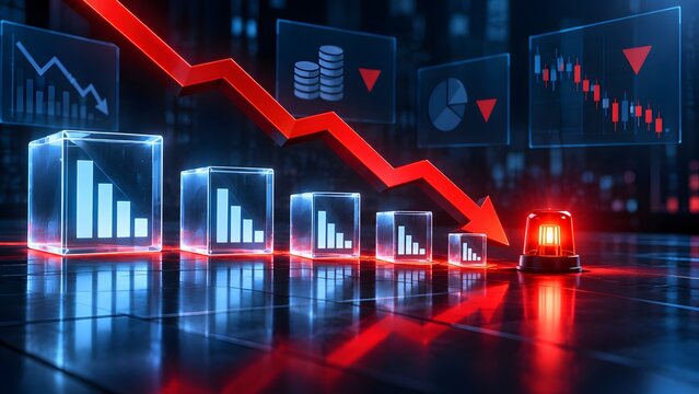 Financial market crash concept with red downward arrow and warning siren amidst digital trading charts