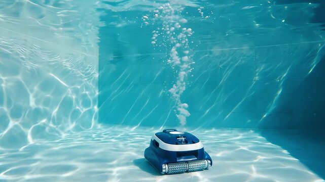 Robotic pool cleaner moving underwater along bottom of swimming pool releasing air bubbles