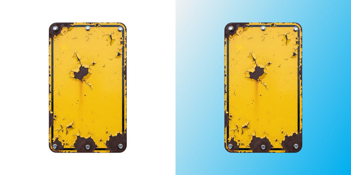 Rusted yellow metal sign blank template with bolted corners
