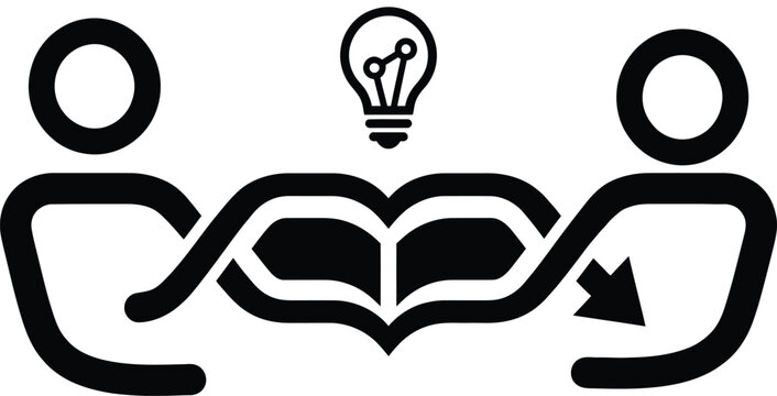 Knowledge sharing silhouette icon showing two people exchanging information with a lightbulb idea symbol
