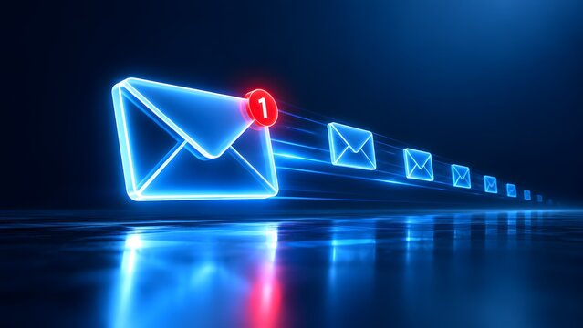Glowing blue email envelope with red unread notification badge moving fast across digital surface