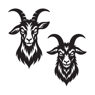 Black and white goat and ibex heads vector illustration for nature wildlife branding and logo design