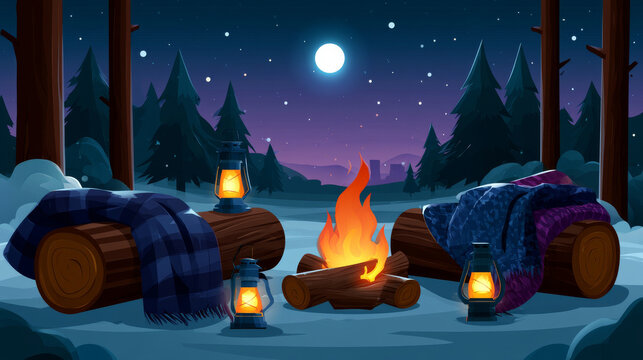 A refined view of elegant winter camp setting with rustic log stools, wool blankets, glowing camp lanterns and a crackling fire beneath a moonlit sky