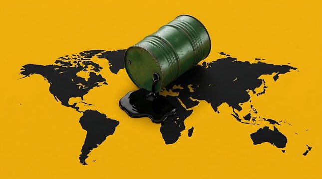 Oil barrel spilling black crude oil over a world map on a yellow background, representing global energy consumption, environmental pollution, and the petroleum industry