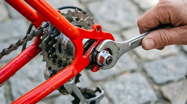 Closeup of a mechanic using a wrench to tighten or loosen the rear axle nut on a red bicycle frame, performing maintenance and repair on the wheel hub assembly