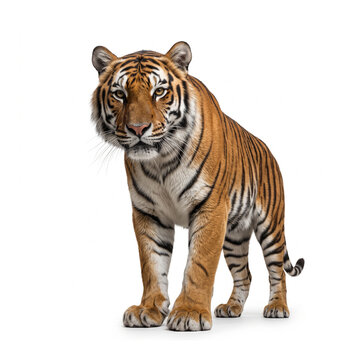 Full body realistic tiger isolated on white background, high-resolution wildlife stock photo