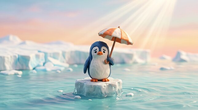 Sad cartoon penguin holding tiny umbrella on melting ice floe in arctic sea