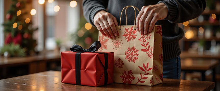 Hands putting red gift bag into larger shopping bag for retail blogs, holiday shopping guides, and consumer lifestyle websites