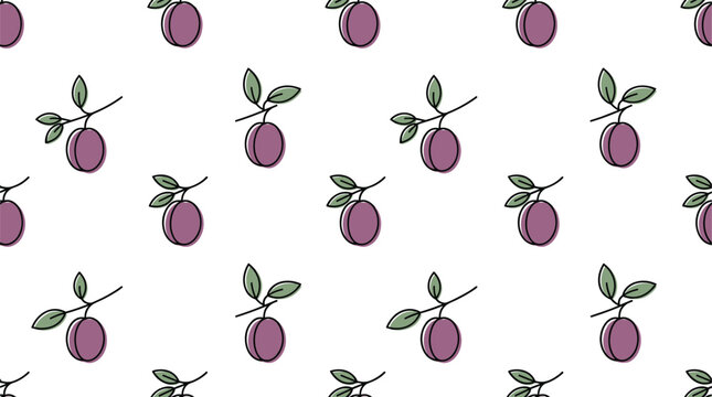 Purple plum fruit seamless pattern with fresh green leaves on stem.
