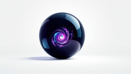 Fototapeta premium Glossy sphere contains vibrant spiral galaxy. Dark purple hues contrast bright white background. Minimalist composition, elegant design.