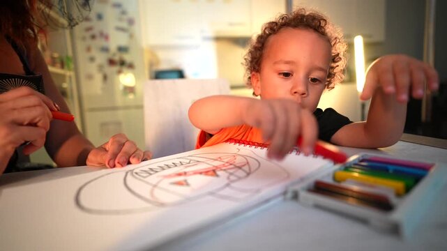 Adorable toddler with curly hair enjoying a creative moment with his mother, coloring a halloween pumpkin drawing with wax crayons at the kitchen table, fostering imagination and family bonding