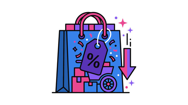 Stylized blue shopping bag icon with a percentage discount tag and downward arrow symbolizing a significant retail price reduction for sales events