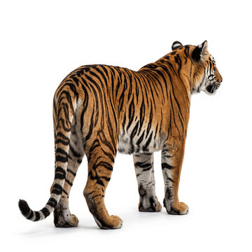Full body realistic tiger isolated on white background, high-resolution wildlife stock photo