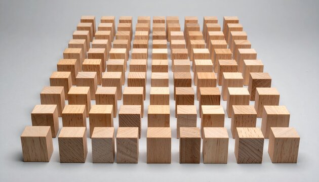 Blank wooden blocks showing different geometric perspectives on light gray