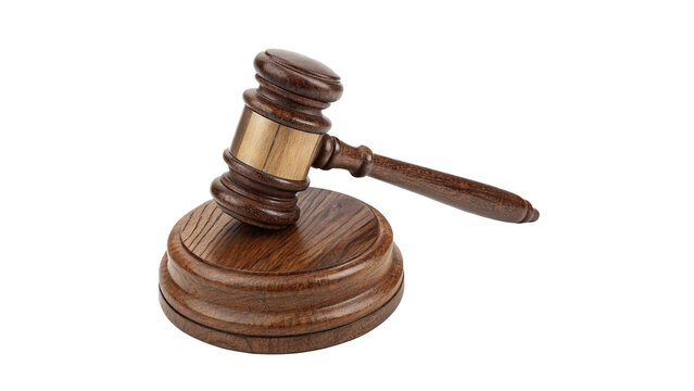Classic wooden judge gavel hammer on sound block legal authority symbol isolated on transparent background