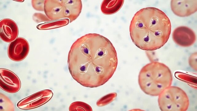 Babesia, 3D animation. Intraerythrocytic protozoan parasites causing babesiosis, a tick-borne infection associated with haemolytic anaemia, fever and potentially severe disease.