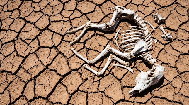 Animal skeleton lying on dry cracked earth representing drought and climate change
